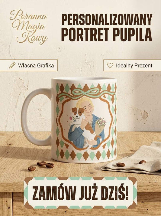 Personalizowany Kubek z ręcznie stworzoną grafiką Twojego Pupila / Retro Harlequin