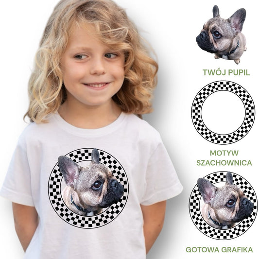 Koszulka z Twoim Pupilem Personalizacja / Biała / Dziecięca Unisex / Szachownica