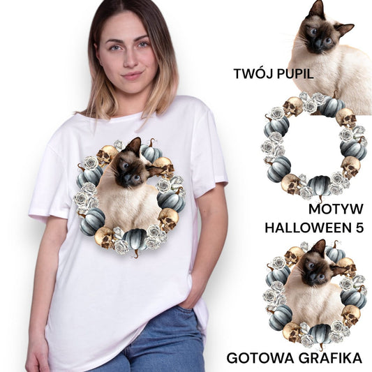 T-shirt z nadrukiem Twój pupil na koszulce Biały / Czarny / Unisex / Halloween 5
