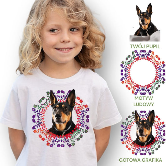 Koszulka z Twoim Pupilem Personalizacja / Biała / Czarna / Dziecięca Unisex / Ludowy