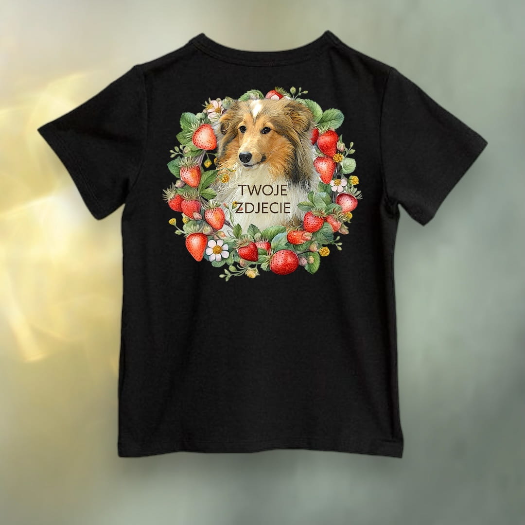 Koszulka z Twoim Pupilem Personalizacja / Biała / Czarna / Dziecięca Unisex / Truskawki 3