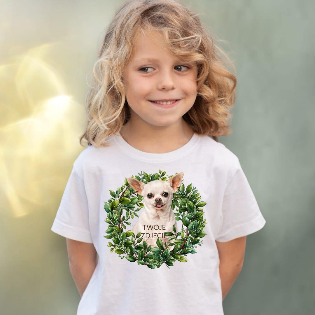 Koszulka z Twoim Pupilem Personalizacja / Biała / Czarna / Dziecięca Unisex / Zielony wianek 1