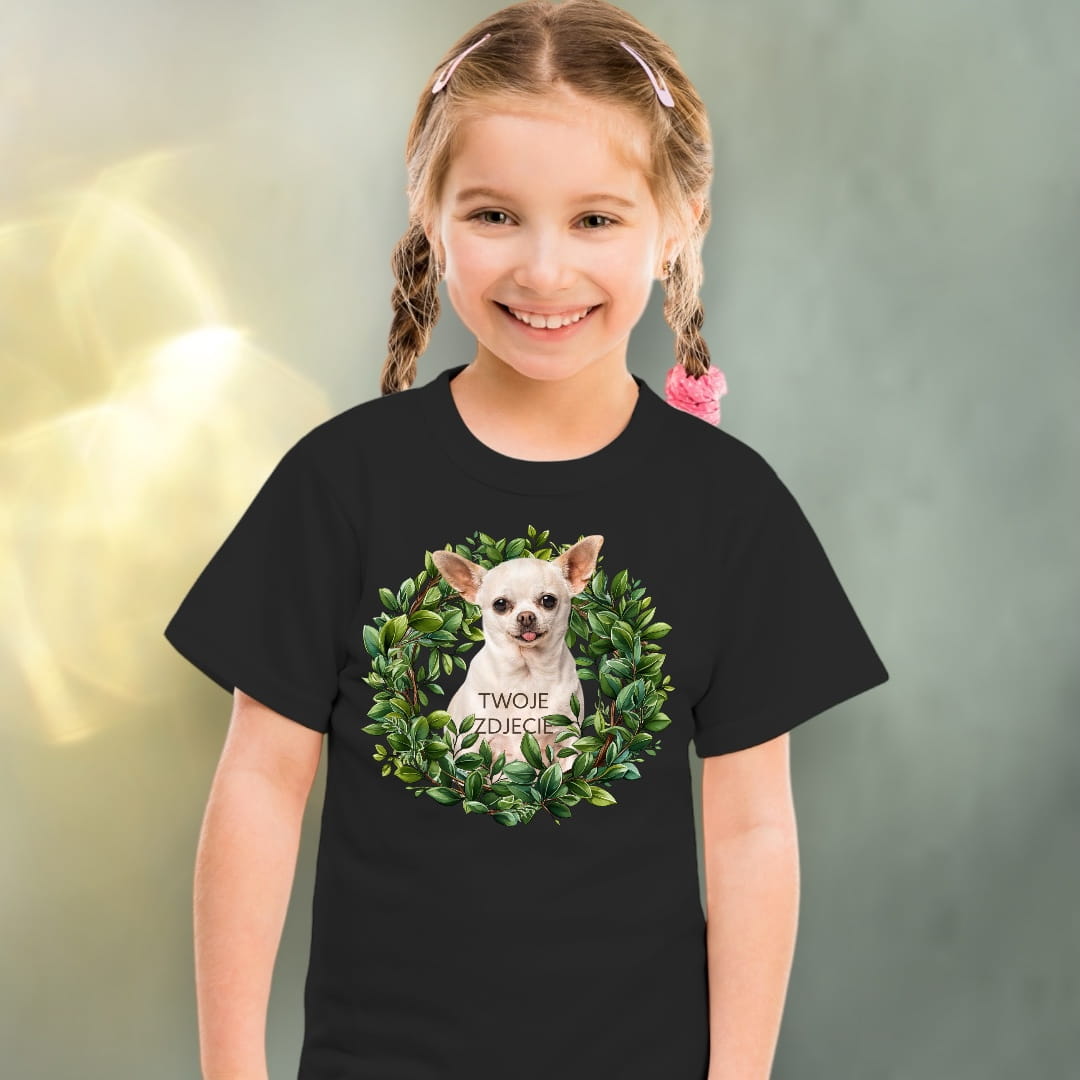 Koszulka z Twoim Pupilem Personalizacja / Biała / Czarna / Dziecięca Unisex / Zielony wianek 1