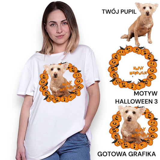 T-shirt z nadrukiem Twój pupil na koszulce Biały / Czarny / Unisex / Halloween 3