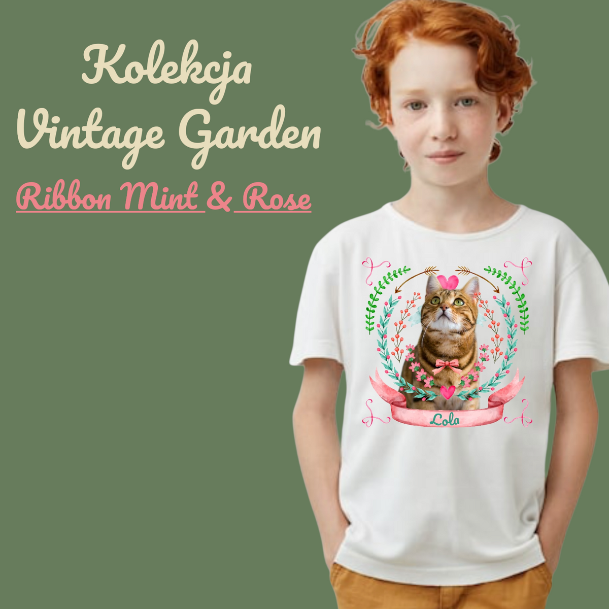 Koszulka z Twoim Pupilem Personalizacja / Biała / Czarna / Dziecięca Unisex / Ribbon Mint & Rose