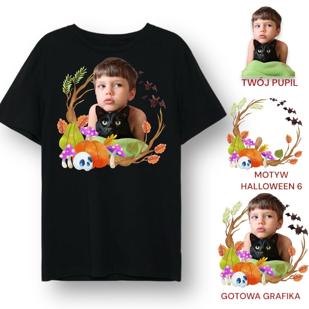 T-shirt z nadrukiem Twój pupil na koszulce Biały / Czarny / Unisex / Halloween 6