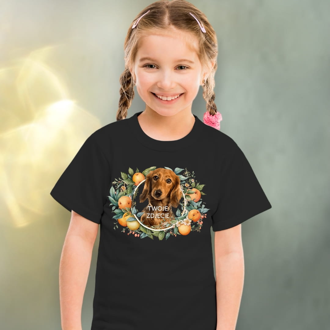 Koszulka z Twoim Pupilem Personalizacja / Biała / Czarna / Dziecięca Unisex / Pomarańcze