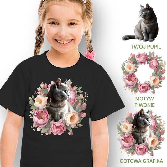 Koszulka z Twoim Pupilem Personalizacja / Biała / Czarna / Dziecięca Unisex / Piwonie