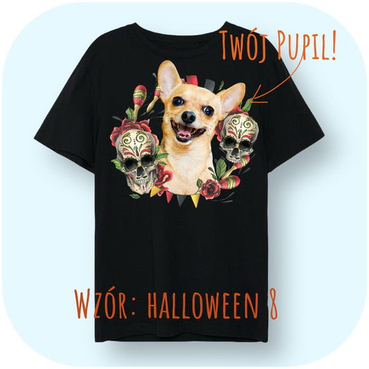 T-shirt z nadrukiem Twój pupil na koszulce Biały / Czarny / Unisex / Halloween 8