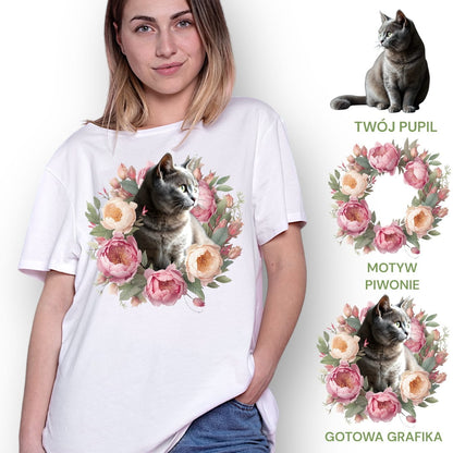 T-shirt z nadrukiem Twój Pupil na koszulce Biały / Czarny / Unisex / Piwonie