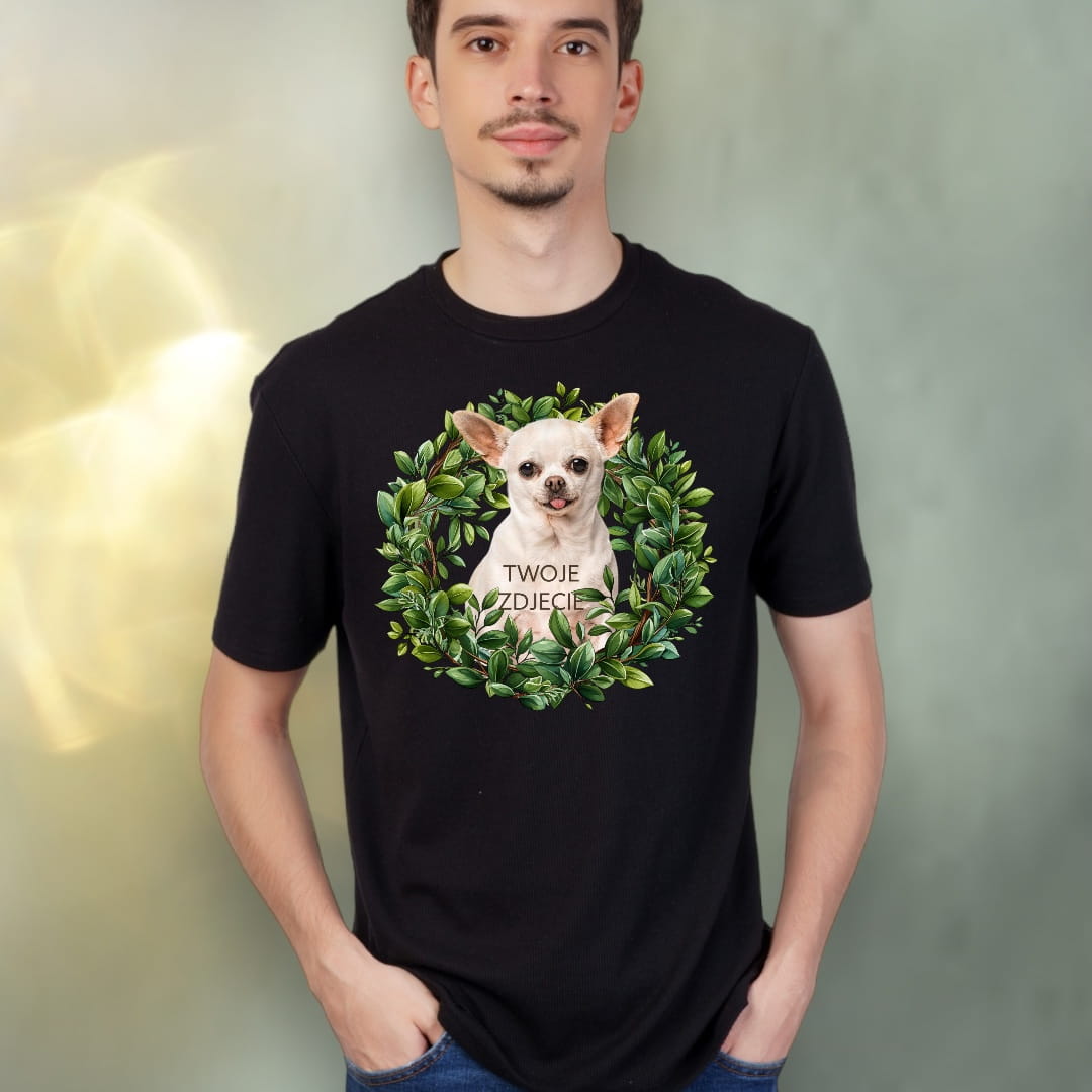 T-shirt z nadrukiem Twój Pupil na koszulce Biały / Czarny / Unisex / Zielony wianek 1
