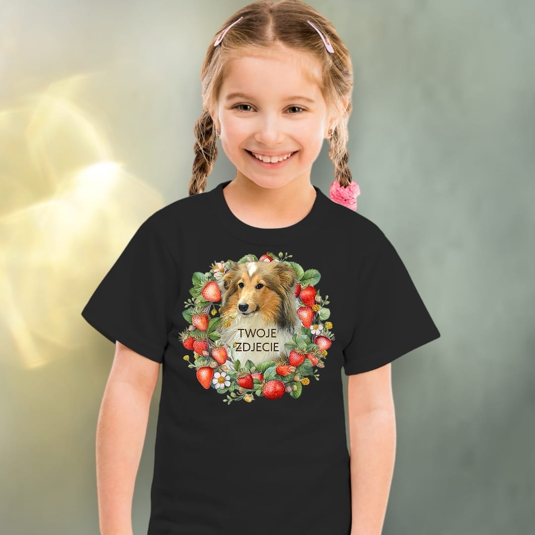 Koszulka z Twoim Pupilem Personalizacja / Biała / Czarna / Dziecięca Unisex / Truskawki 3