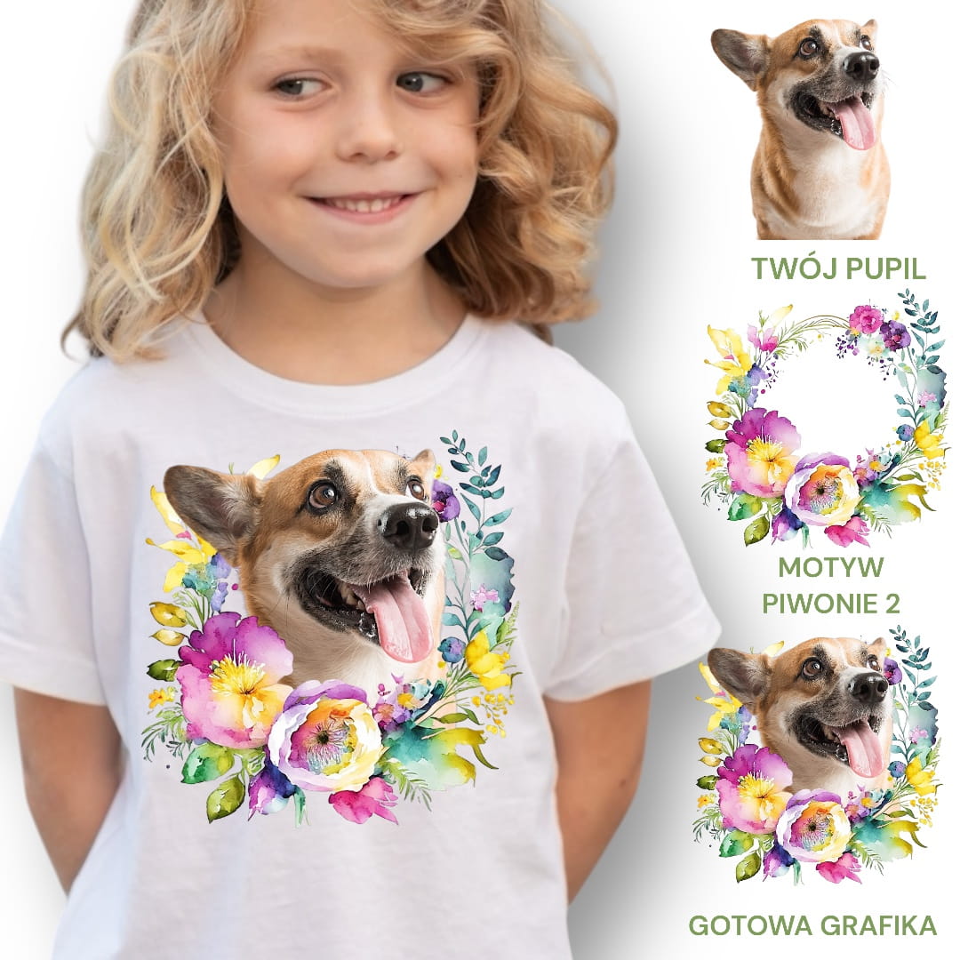 Koszulka z Twoim Pupilem Personalizacja / Biała / Czarna / Dziecięca Unisex / Piwonie 2