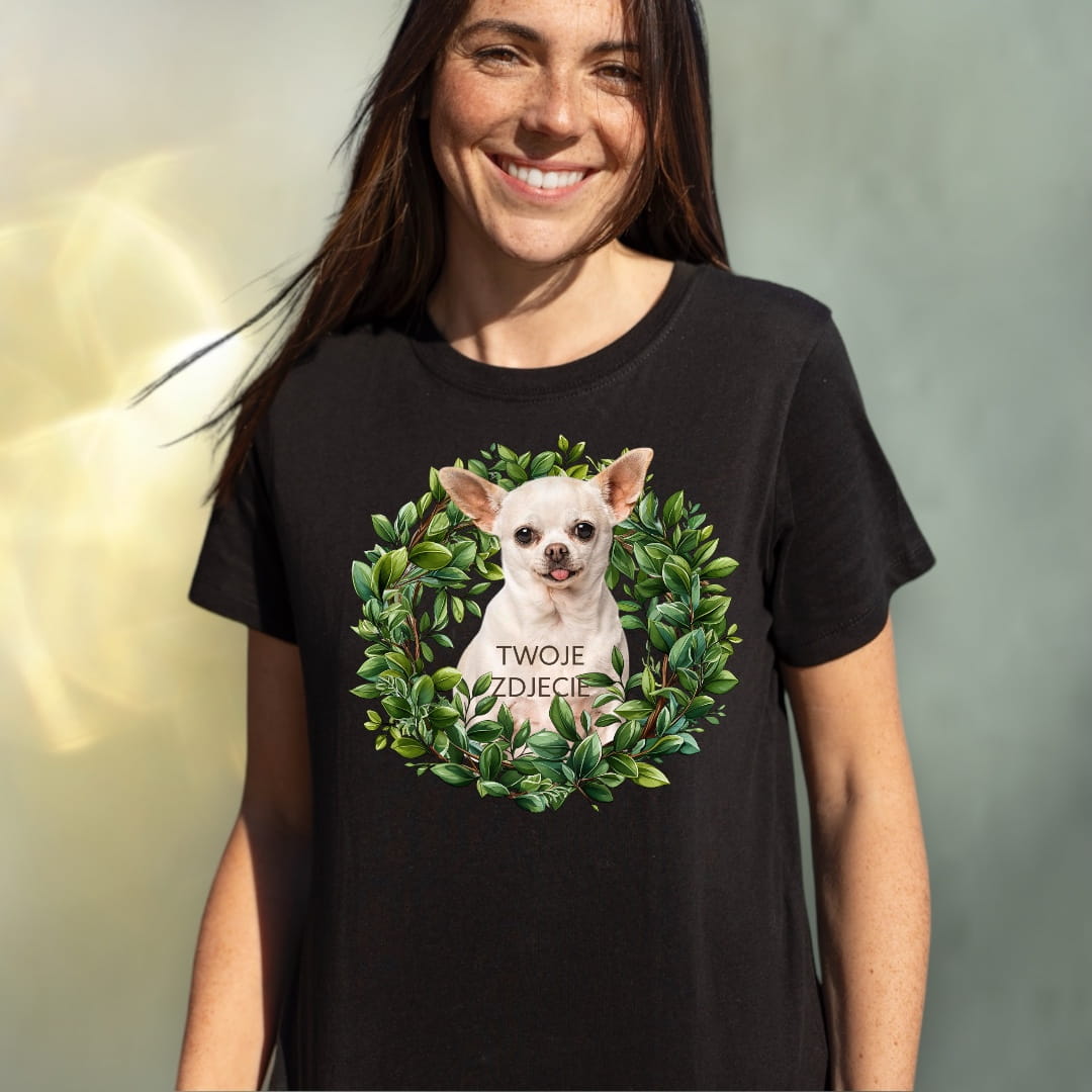 T-shirt z nadrukiem Twój Pupil na koszulce Biały / Czarny / Unisex / Zielony wianek 1